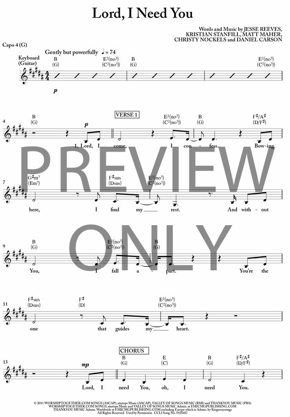 Lord I Need You Lead Sheet, Lyrics, & Chords | Chris Tomlin