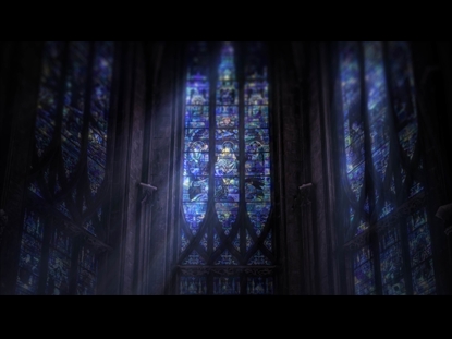 TOWERING STAINED GLASS WINDOWS BLUE CLOSEUP