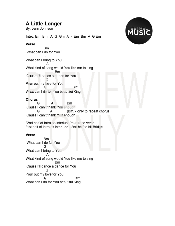 A Little Longer Lead Sheet, Lyrics, & Chords Jenn Johnson