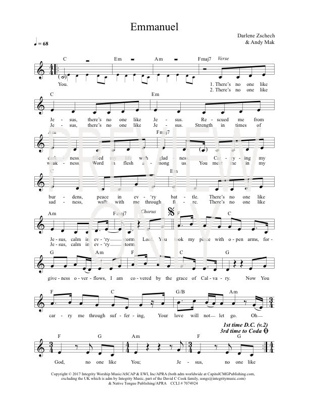 Emmanuel Lead Sheet, Lyrics, &amp; Chords | Darlene Zschech | WorshipHouse ...