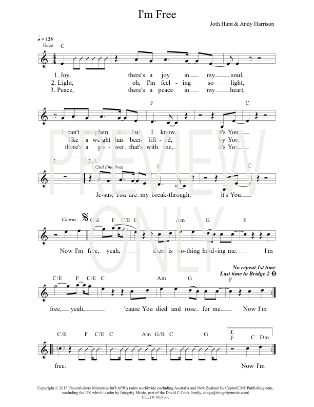 I M Free Lead Sheet Lyrics Chords Integrity Music Worshiphouse Media