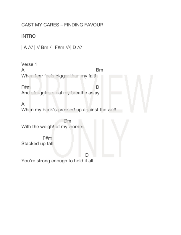 Cast My Cares Lead Sheet, Lyrics, &amp; Chords | Finding Favour ...