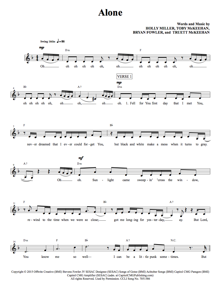Alone Lead Sheet, Lyrics, &amp; Chords | Hollyn | WorshipHouse Media