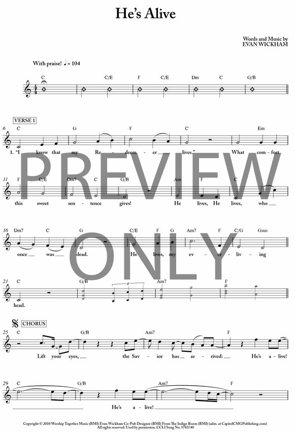 He's Alive Lead Sheet, Lyrics, &amp; Chords | Evan Wickham | WorshipHouse Media