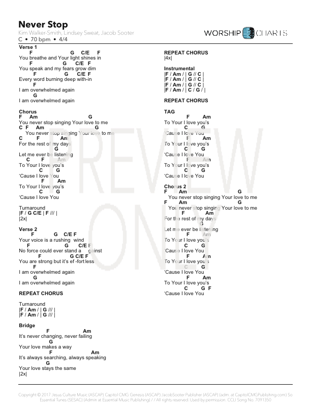 Never Stop Lead Sheet Lyrics Chords Urban Rescue Worshiphouse Media