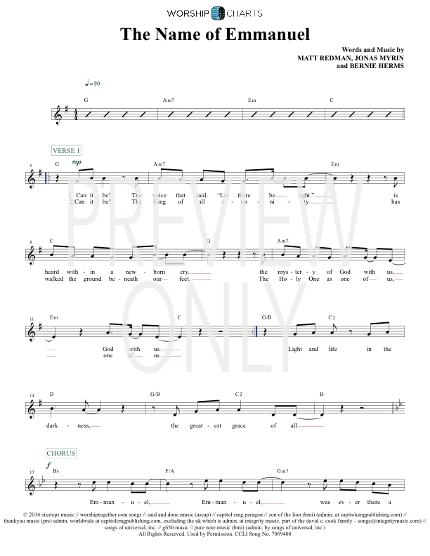 The Name Of Emmanuel Lead Sheet, Lyrics, &amp; Chords | Matt Redman ...